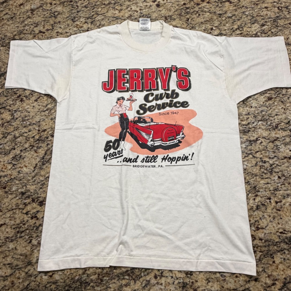 Vintage Jerry's Curb Service 50th Anniversary T-Shirt White L Single Stitch v